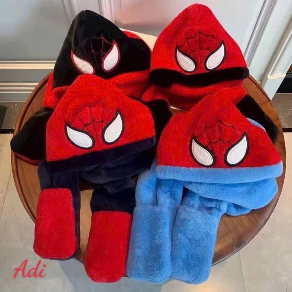 Mũ lông trùm đầu 3in1 kèm khăn quàng cổ và bao tay, hình hoạt hình siêu nhân cho bé trai, mềm mịn, siêu ấm - siêu ngầu