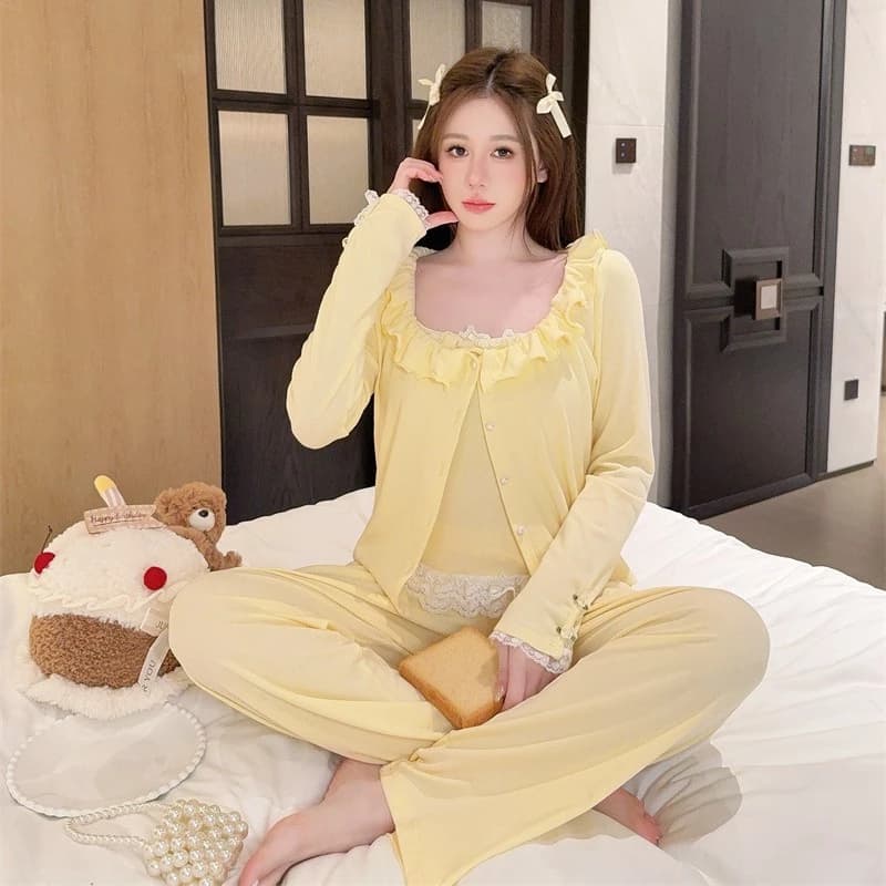 TEEFENG Bộ Đồ Ngủ Modal Ren Phong Cách Công Chúa Miếng Lót Ngực Tay Dài Mặc Nhà