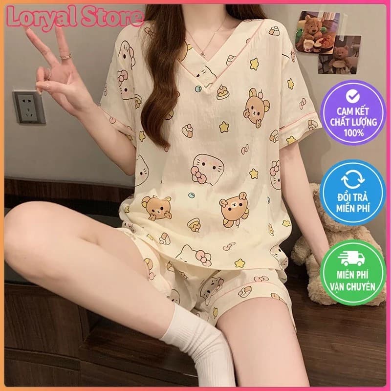 Bộ Đồ Ngủ Nữ Cotton Mềm Họa Tiết Dễ Thương, Co Giãn Thoáng Mát – Đồ Ngủ Nữ Mặc Nhà Xinh Xắn