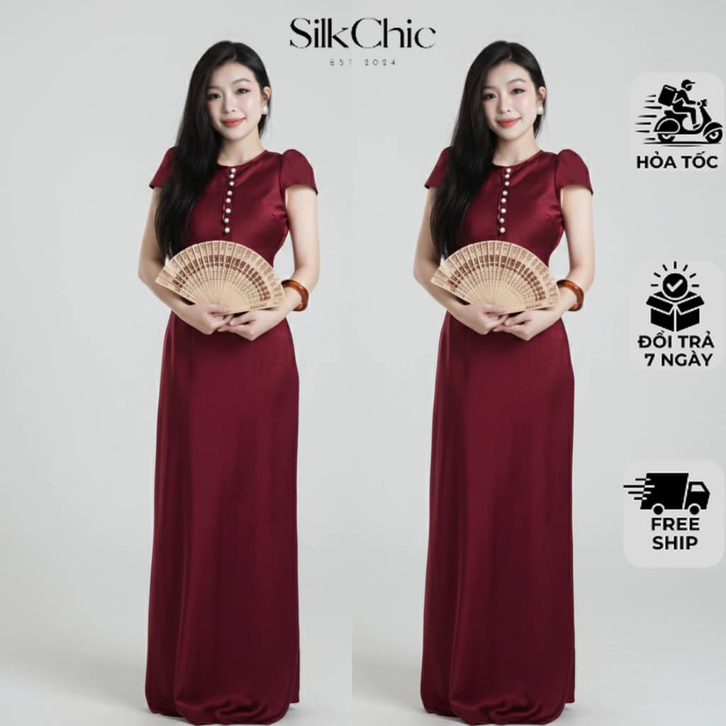 Đầm Lụa Dự Tiệc Tay Dài Phối Nút Ruby – NV794 Váy Lụa Vân Mềm Mịn Thanh Lịch