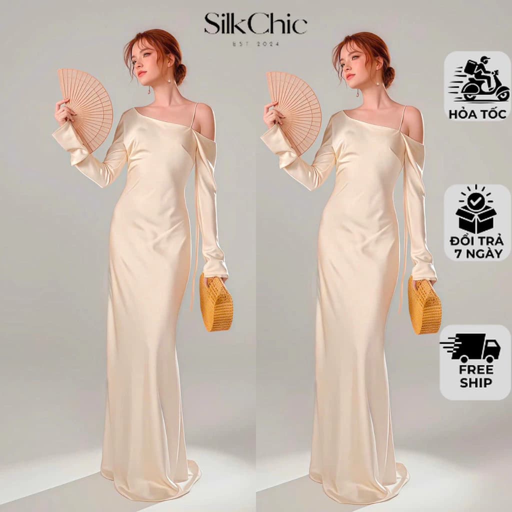 Đầm Lụa Dự Tiệc Tay Dài Trễ Vai Phối Thắt Nơ Sang Trọng NV792 Váy Lụa Lệch Vai Dài Tôn Dáng Thanh Lịch