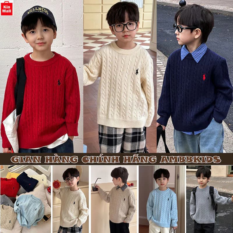 NEW 2025-Áo Len Dệt Kim Ambbkids Thêu Ngựa cho Bé Trai, Chất Len Dày Dặn Đứng Form Mặc Vào Đẹp Chuẩn Soái Ca Nhí