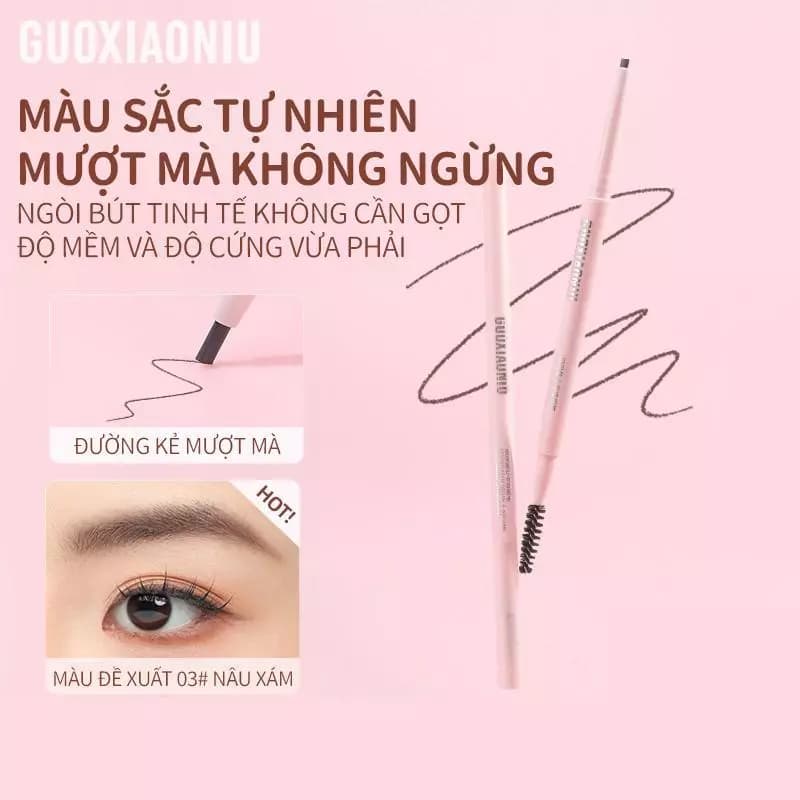 Bút chì kẻ mày 2 đầu, GUOXIAONIU, Màu sắc lâu trôi, Chống thấm nước, Nib nhỏ, Dễ áp dụng cho người mới bắt đầu, Hiệu ứng lông mày tự nhiên, Chống trượt, Định hình lông mày hoang dã