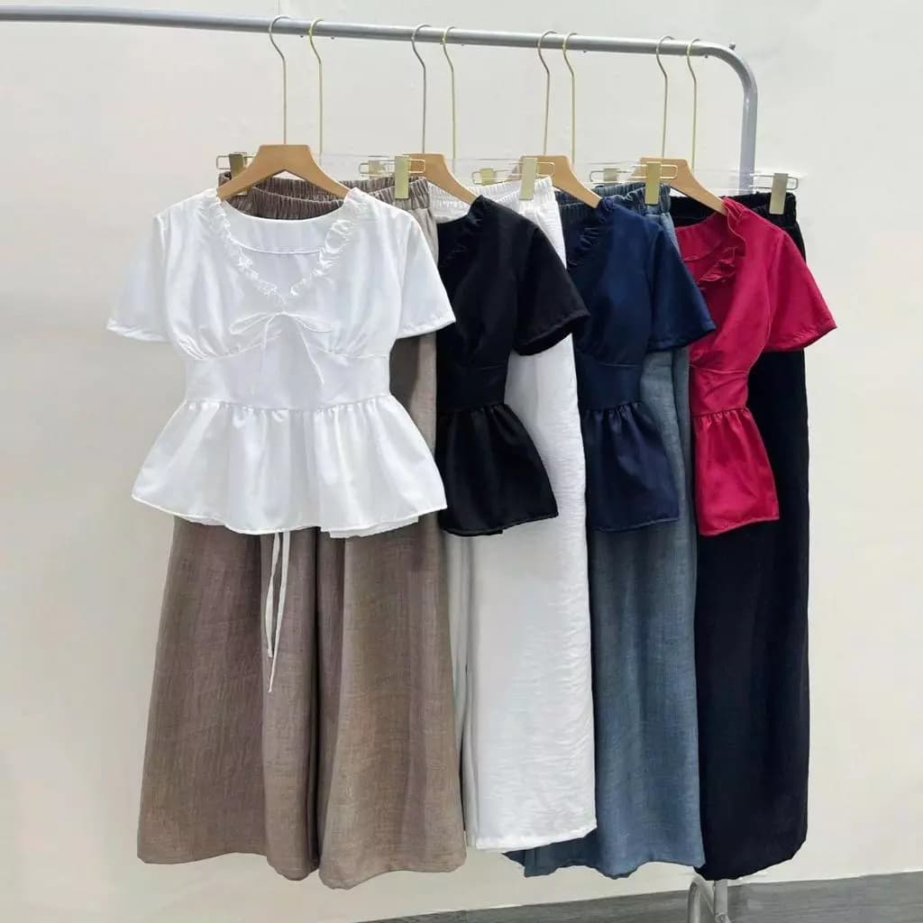 Set áo quần  bigsize nữ 2 món gồm áo sơ mi cổ tim phối bèo quần dài suông ống rộng lưng thun co giãn - A315+Q564