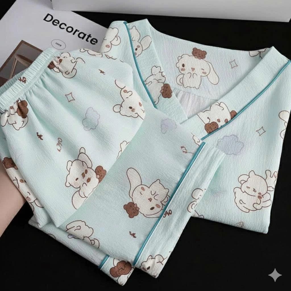 Bộ đồ ngủ cotton đũi xốp hoạt hình dễ thương, mặc nhà thoáng mát