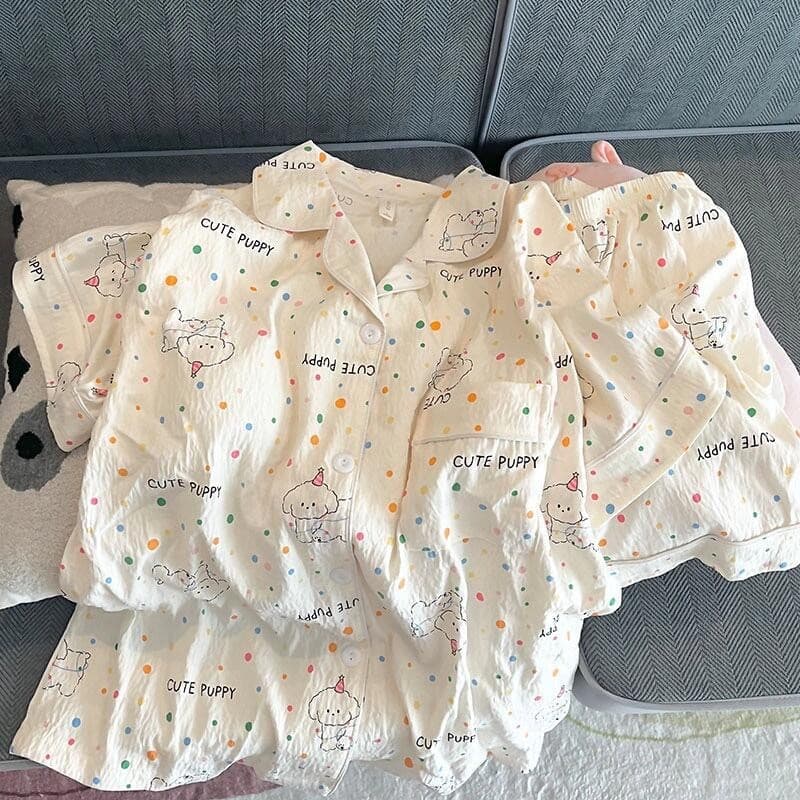 Đồ ngủ nữ mềm mại Thoải mái ngắn tay cổ lật thoáng khí Bộ đồ ngủ Thục nữ dễ thương đồ mặc nhà 604