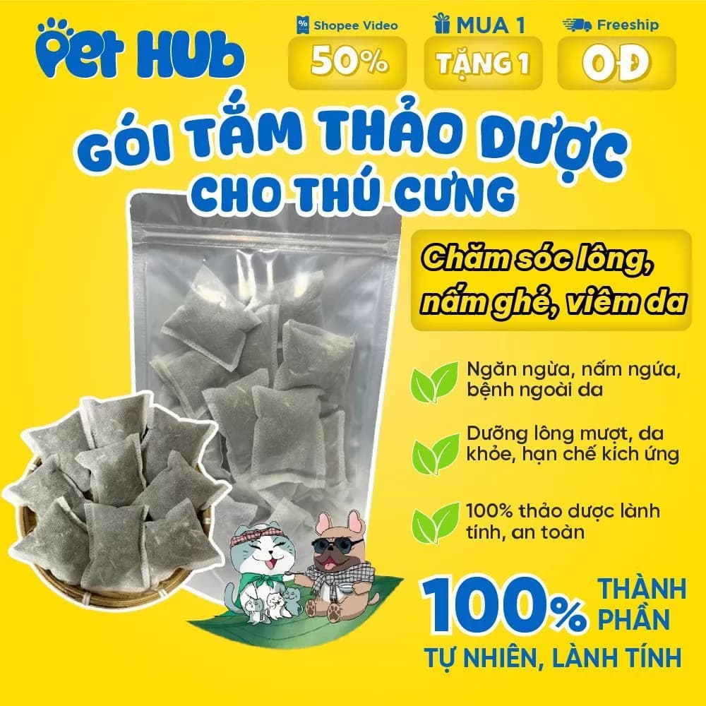 Gói Thảo Dược Tắm Hỗ Trợ Chăm Sóc Da Lông, Nấm Ghẻ, Viêm Da Chó Mèo