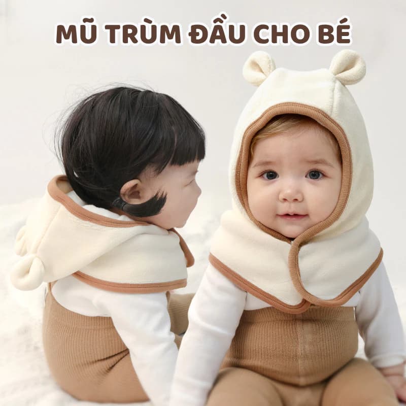 Mũ Trùm Đầu Giữ Ấm Cho Bé, Chất Lông Cừu Dày Dặn Mềm Mại – Thiết Kế Liền Khăn Choàng, Chống Lạnh Hiệu Quả