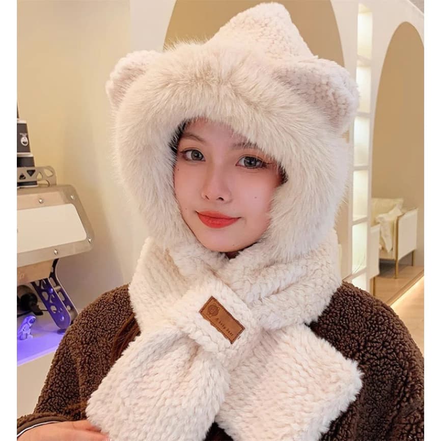 Mũ Khăn Xỏ Logo Da🍀FREESHIP🍀Mũ lông trùm đầu tai mèo cute, Mũ len trùm đầu kèm khăn giữ ấm cho mùa đông.