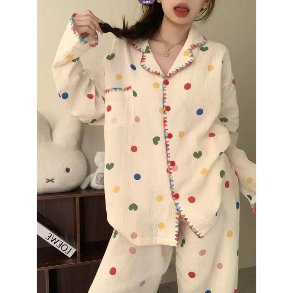 Bộ Đồ Chờ Dài Tay Phong Cách Hàn Quốc Với Họa Tiết Chấm Bi Và Trái Tim, Phù Hợp Xuân Thu