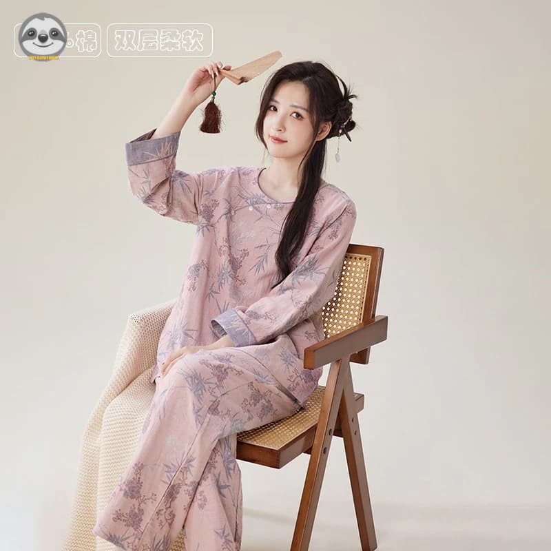 Bộ đồ ngủ Cotton nguyên chất lá tre phong cách Trung Hoa dành cho nữ / Bộ đồ ngủ cổ tròn tay ba phần tư / Quần dài đến mắt cá chân phong cách cổ xưa có thể đi chơi Loungewear / Da tự nhiên @