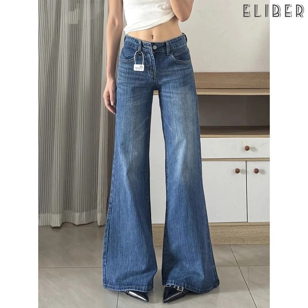 ELIBER- American-style Low-Rise Flared Jeans For Women, New Summer Style, Loose Fit, Long Pants.