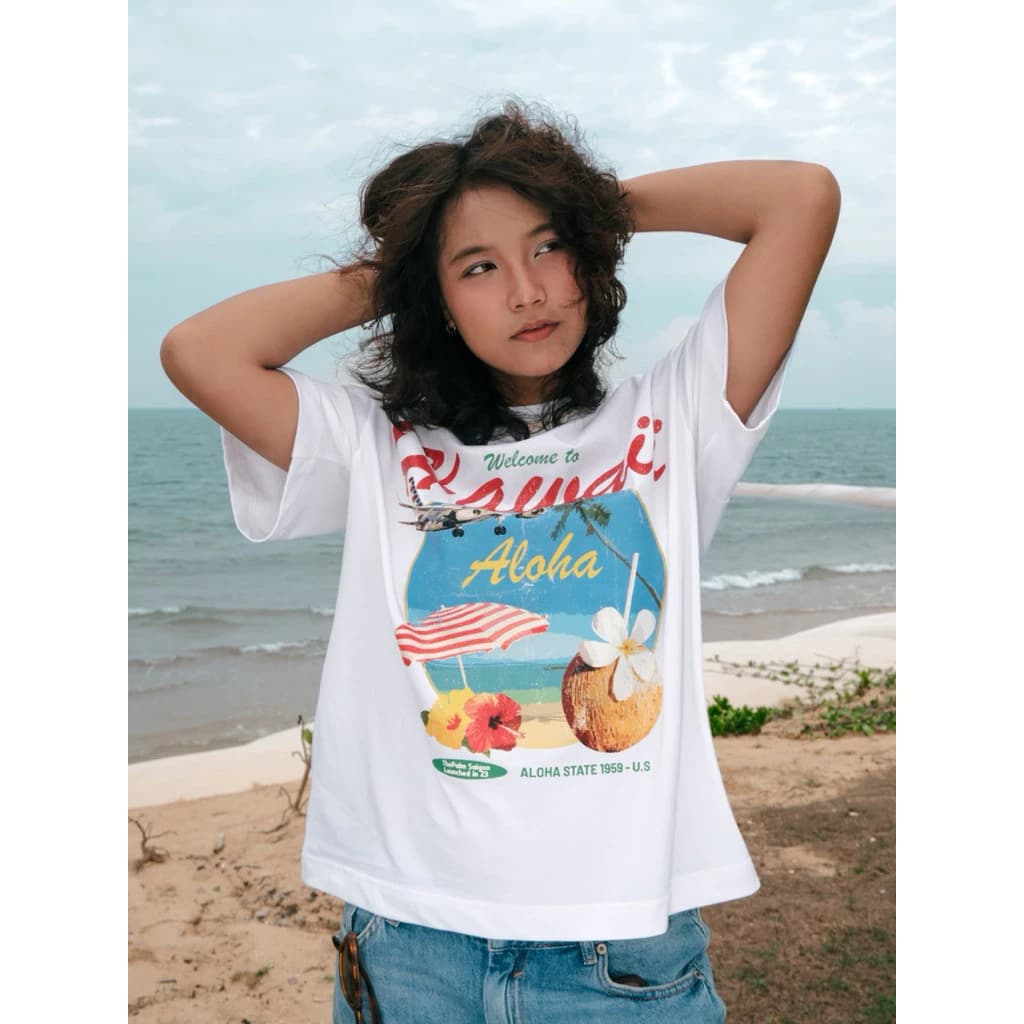 CHÍNH HÃNG - Áo Thun Trắng "HAWAII" Form Boxy UNISEX Áo Hè