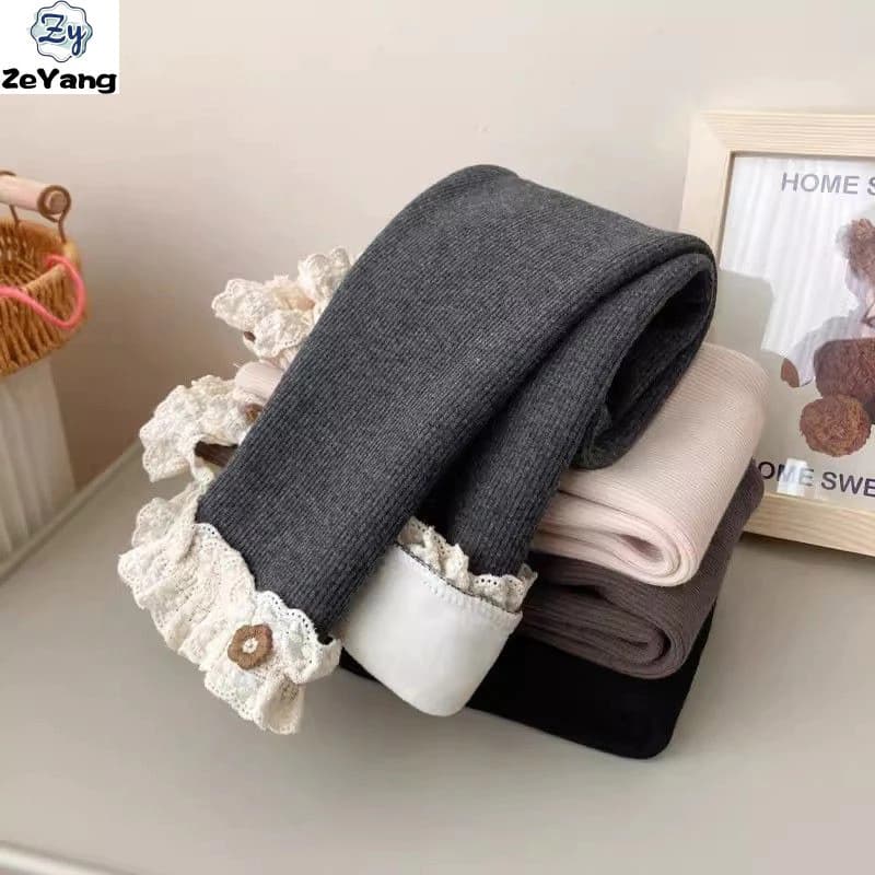 [ZY] 70-130 Hàng có sẵn Quần dài lông cừu cho trẻ em Quần legging dày mùa thu đông cho bé gái Quần ấm áp ren phù hợp thời trang