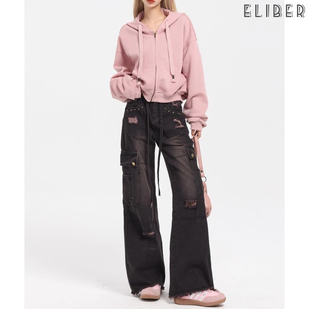 ELIBER- Trang Phục Đi Làm Ống Đứng Giặt Cổ Điển Kiểu Mỹ Quần Jean Nữ Ống Rộng ỐNg RộNg Cạp Cao Nhiều Túi