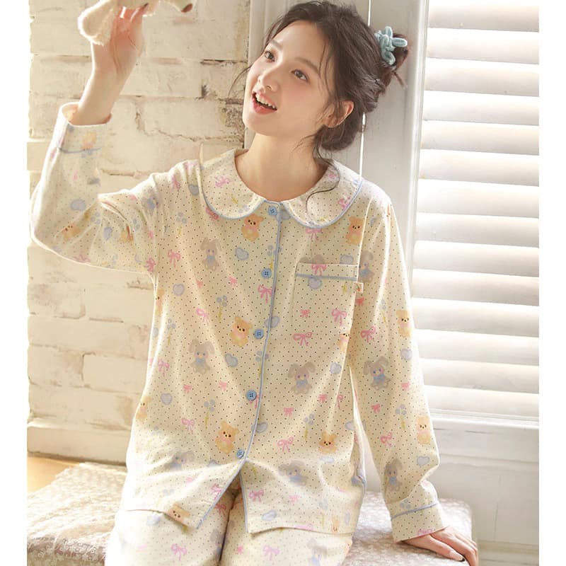 Bộ đồ ngủ nữ thu đông dài tay cotton mềm mịn, hoa văn dễ thương, phù hợp loungewear