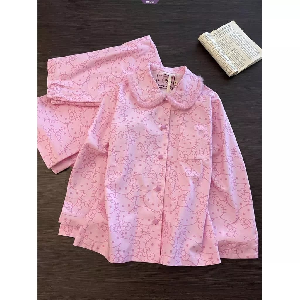 Bộ Đồ Ngủ Nữ Thu Đông Với Áo Cardigan Dày, Họa Tiết Hoạt Hình Ngọt Hồng