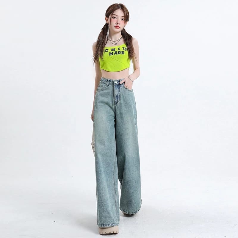 Quần jean ống rộng mùa hè phong cách Hồng Kong cạp cao