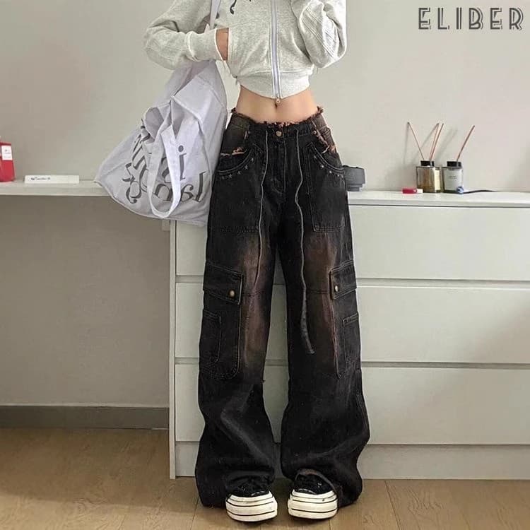 ELIBER- Trang Phục Đi Làm Ống Đứng Giặt Cổ Điển Kiểu Mỹ Quần Jean Nữ Ống Rộng ỐNg RộNg Cạp Cao Nhiều Túi