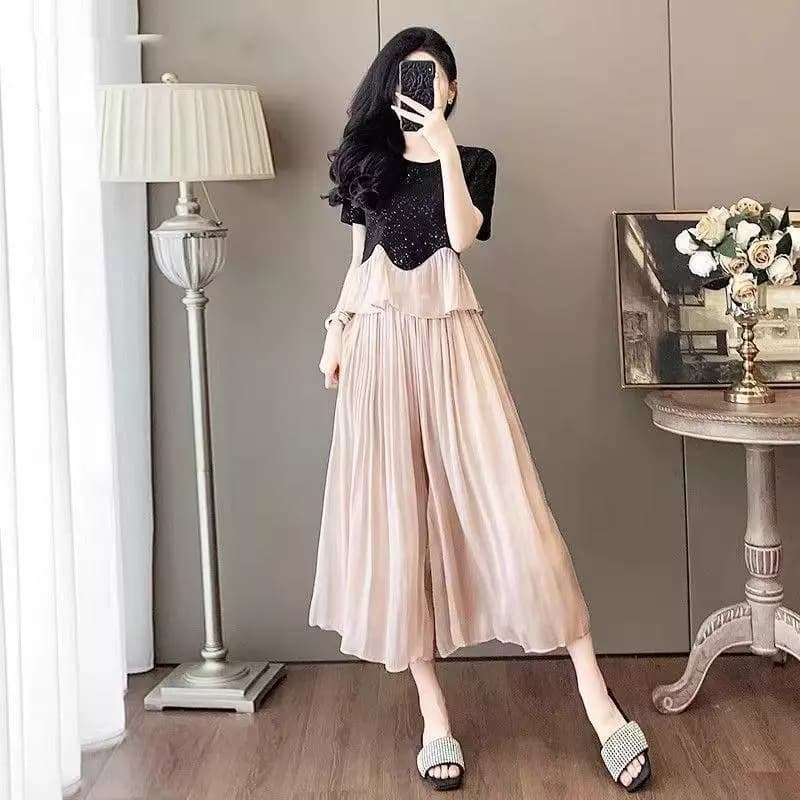 Đen Sequined Top Màu Be Voan Quần Ống Rộng Kích Thước Lớn Mỏng Hơn Nhìn Tính Khí Đẹp Nhỏ Phù Hợp Với