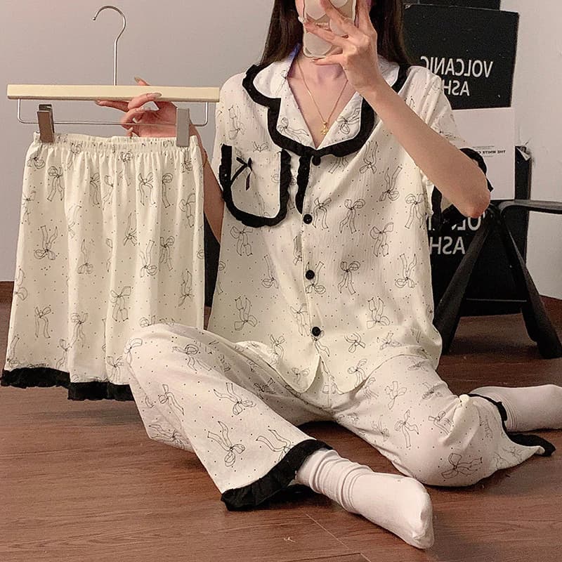 Nơ 3 Cái Trong 1 Bộ Đồ Ngủ Cotton Mây Nữ Tay Ngắn + Quần Short + Quần Dài Đồ Ngủ Cho Nữ