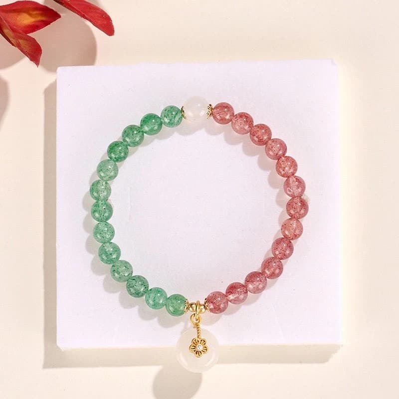 Vòng tay khóa pha lê dâu tây xanh lá , vòng tay may mắn đá mặt trăng pha lê dâu tây tự nhiên