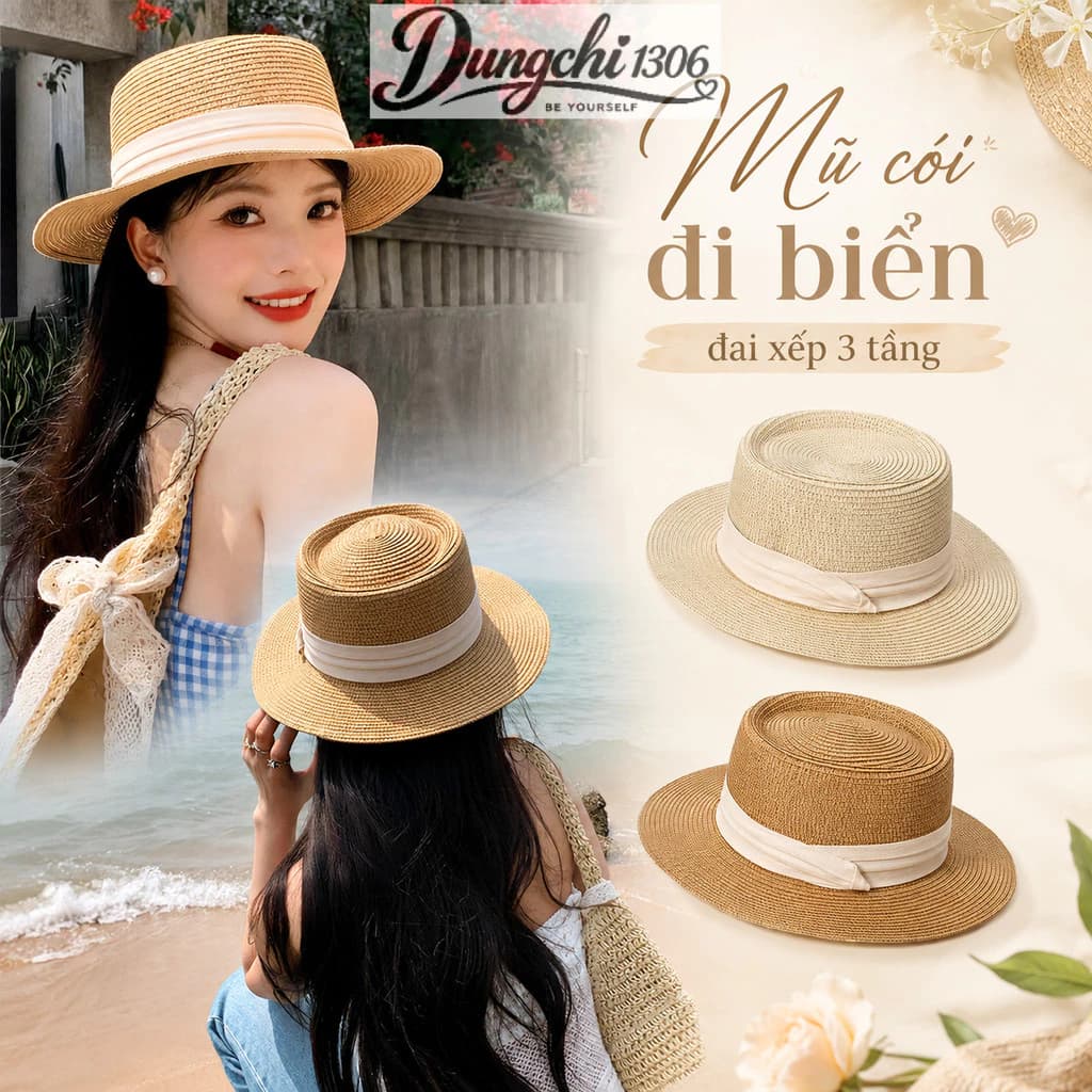 Nón cói mũ cói đi biển vành nhỏ nơ xếp 3 tầng viber tiểu thư nhẹ nhàng NC35