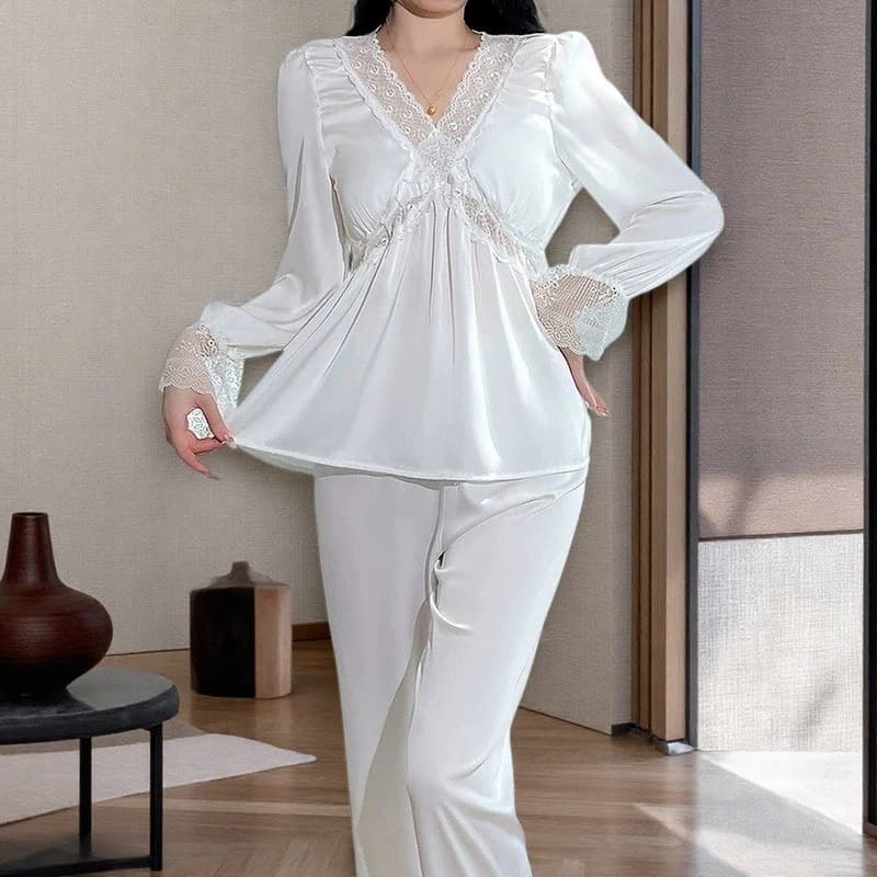 Bộ đồ ngủ lụa băng dài tay phong cách công chúa phong cách Châu Âu, viền ren tinh tế và miếng đệm ngực tích hợp, Bộ lãng mạn và thiết thực đến một mảnh