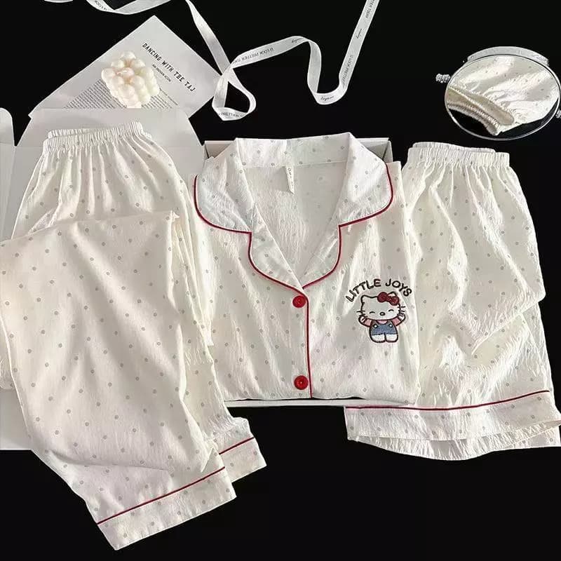 Hello Kitty 3 Cái Trong 1 Bộ Đồ Ngủ Cotton Mây Nữ Tay Ngắn + Quần Short + Quần Dài Đồ Ngủ Cho Nữ