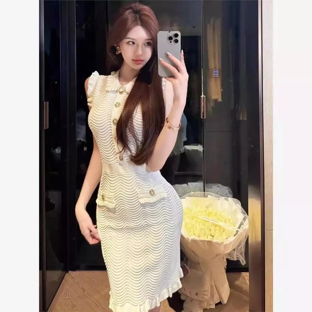 Họa Tiết Sóng Đầm Dệt Kim Pháp Có Nấm Cạnh Cổ Búp Bê Không Tay Phiên Bản Áo Vest Slim fit Đuôi Cá Viền Nhẹ nhàng Tính Khí
