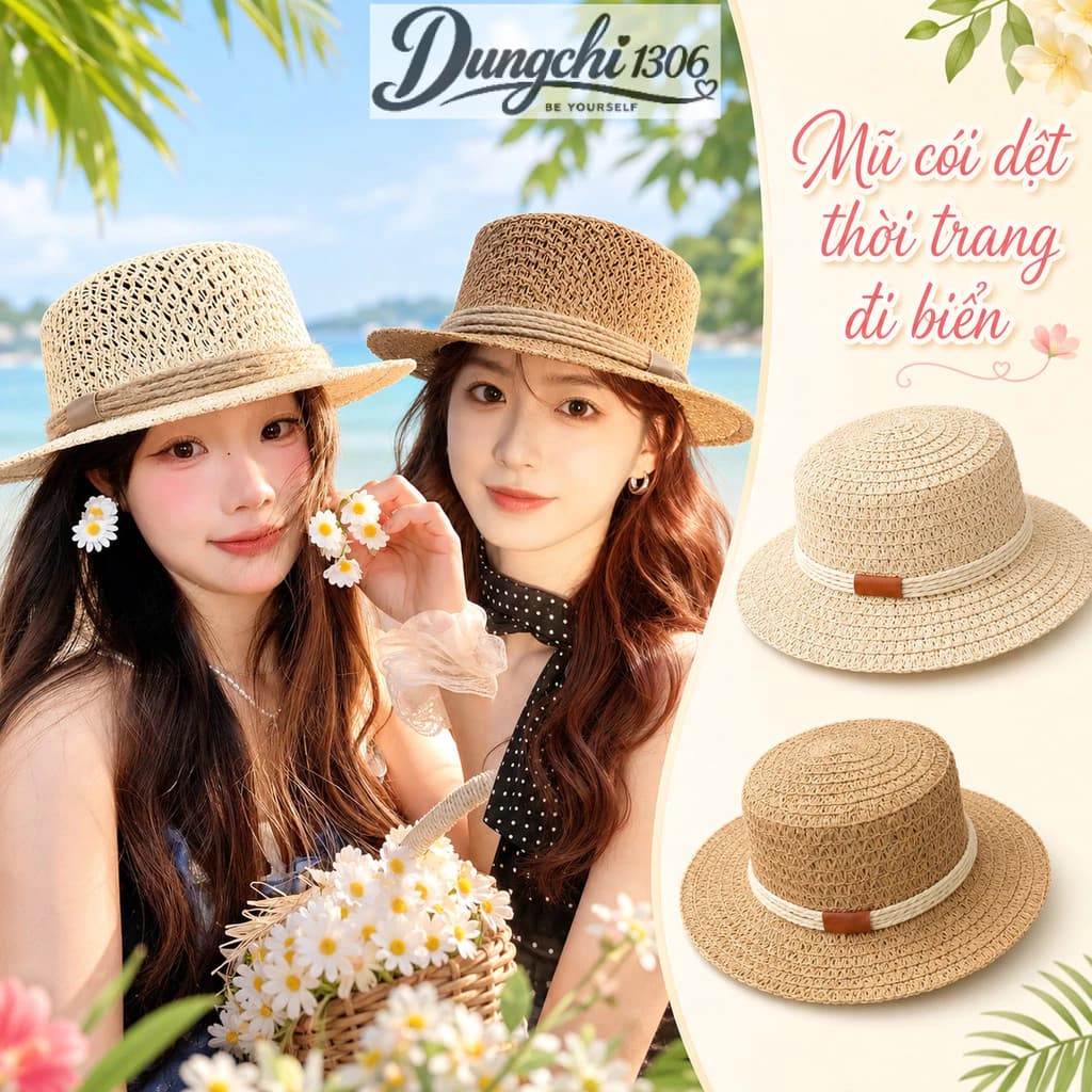 Mũ Cói Đi Biển Vành Nhỏ Đầu Bằng Dây Dệt Thời Trang