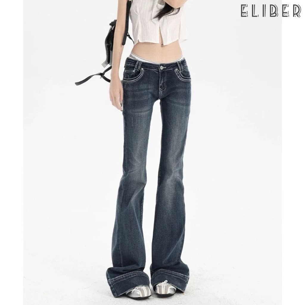 ELIBER- Quần Bò Ống Loe Cạp Thấp Kiểu Mỹ Quần Ống Loe Thiết Kế Hot Girl Màu Xanh Lam Giặt Mới Cho Nữ