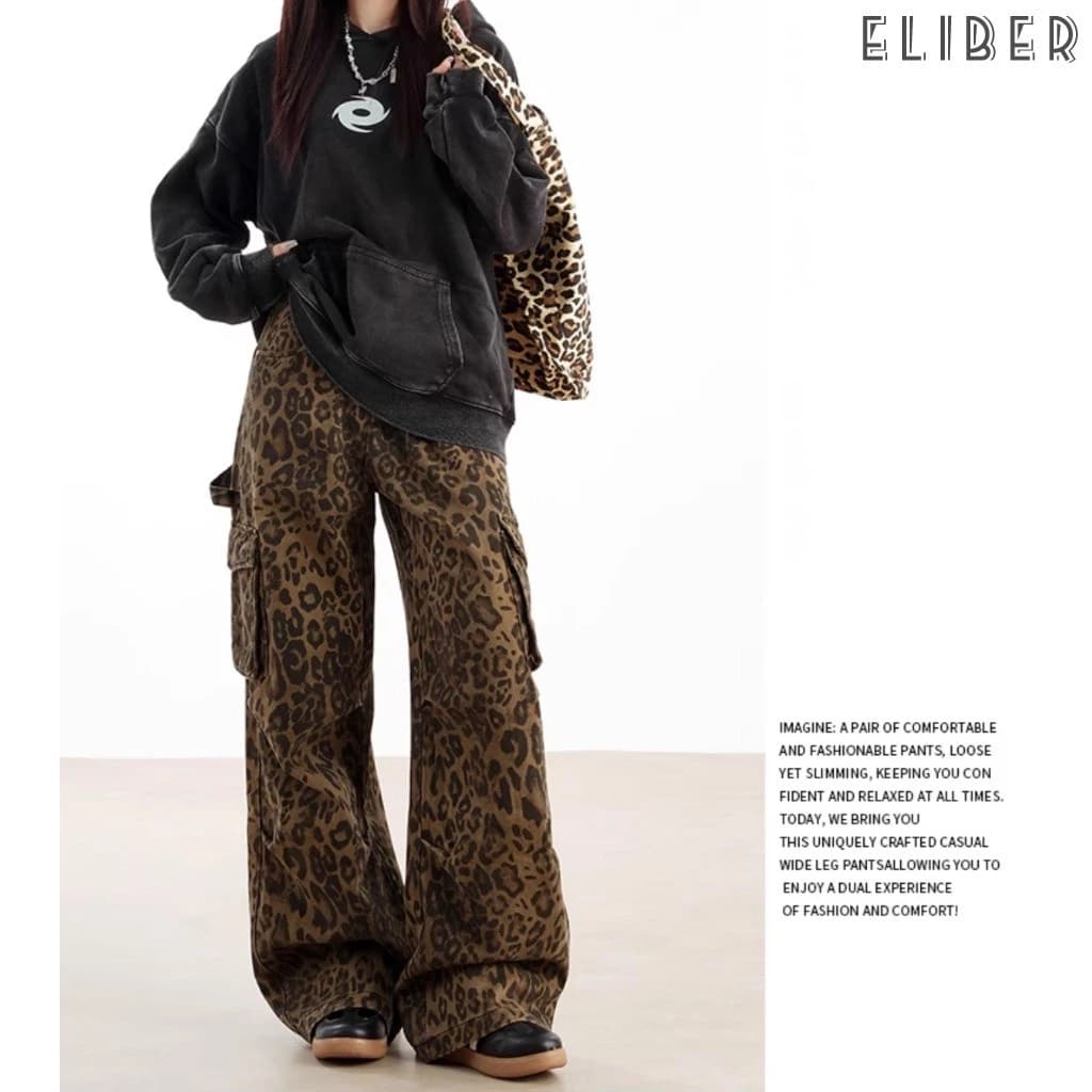 ELIBER- Quần Yếm Denim Họa Tiết Da Báo Quần Ống Rộng Phong Cách Hip-Hop Ống Thẳng Của Mỹ