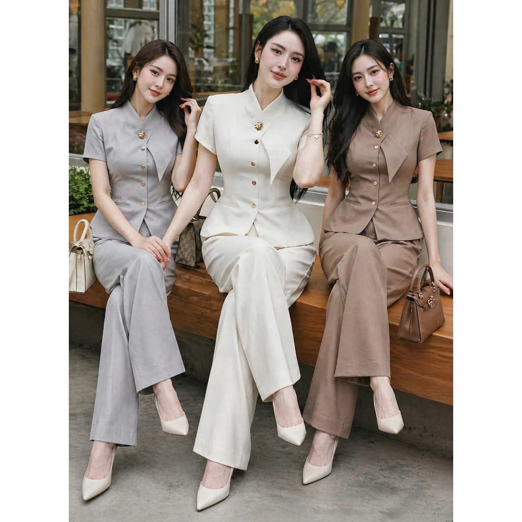 Set Bộ VEST Nữ Dài CÔNG SỞ Tay Ngắn THỜI TRANG Thiết Kế Xu Hướng PHỐI NÚT Kèm Phụ Kiện Thanh Lịch LANO STORE