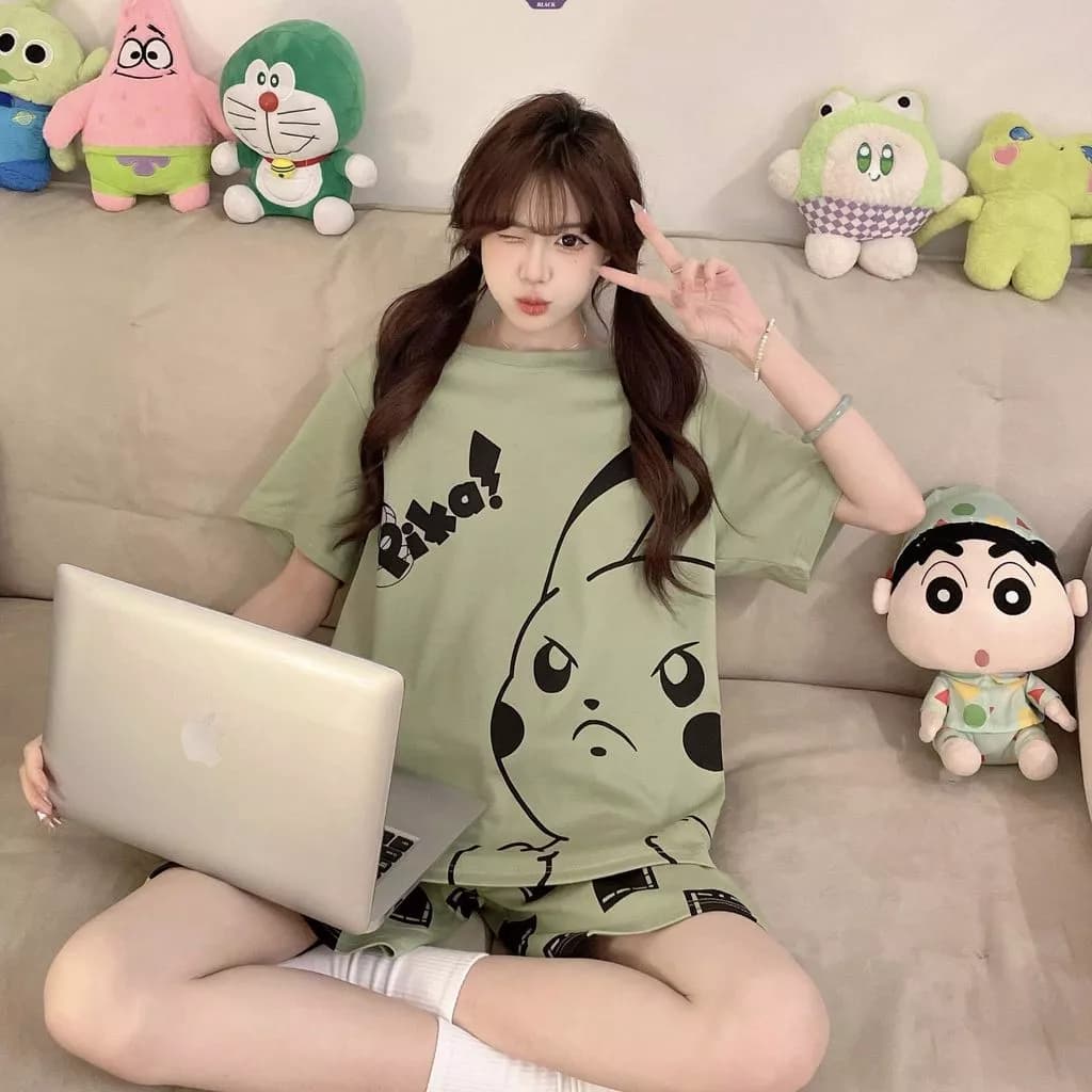 Bộ đồ ngủ Pikachu xanh hoạt hình mùa hè dành cho nữ có cốc đệm: Bộ đồ dài tay ngắn dễ thương, thông thường [BL]