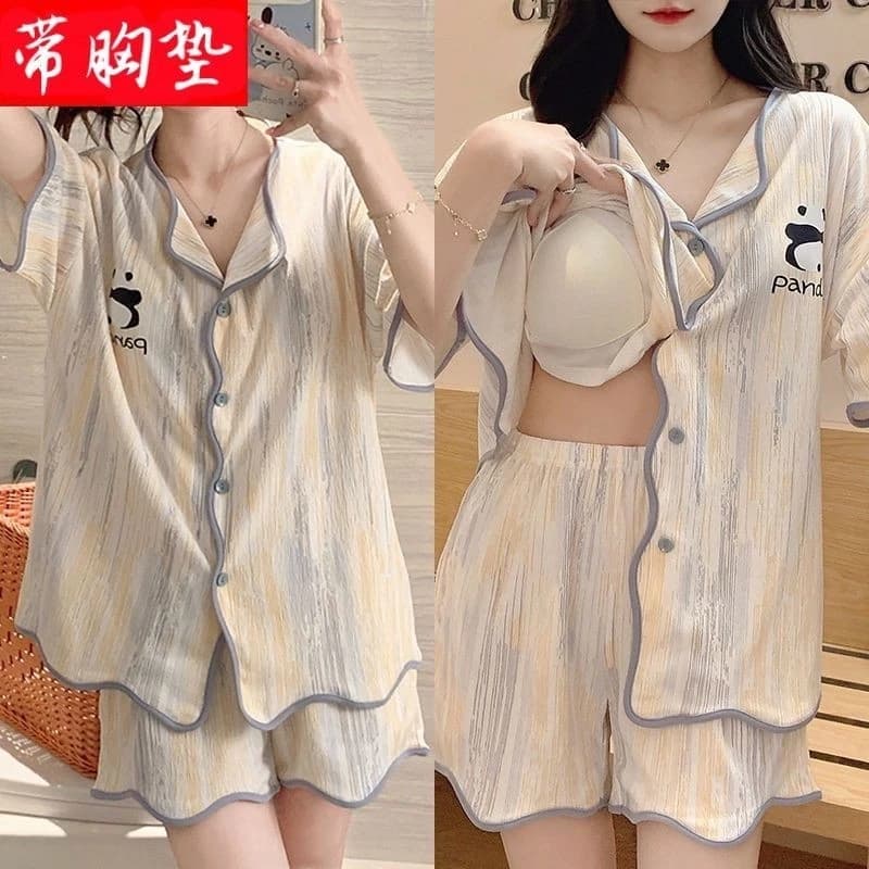 [Pre-Order]-Bộ Đồ Ngủ Ngắn Tay Với Miếng Lót Ngực Mỏng và Quần Short, Phù Hợp Làm Cardigan Loungewear Setmẫu mới hàng QC