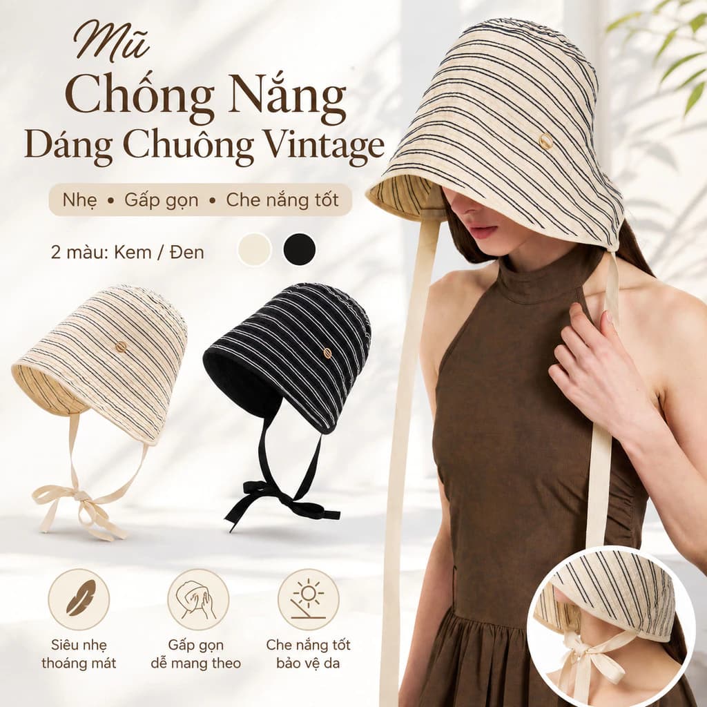 Mũ thời trang cho nữ vành rộng – Phối sọc xinh xắn, chống nắng tốt, phong cách Hàn, thích hợp dạo phố du lịch