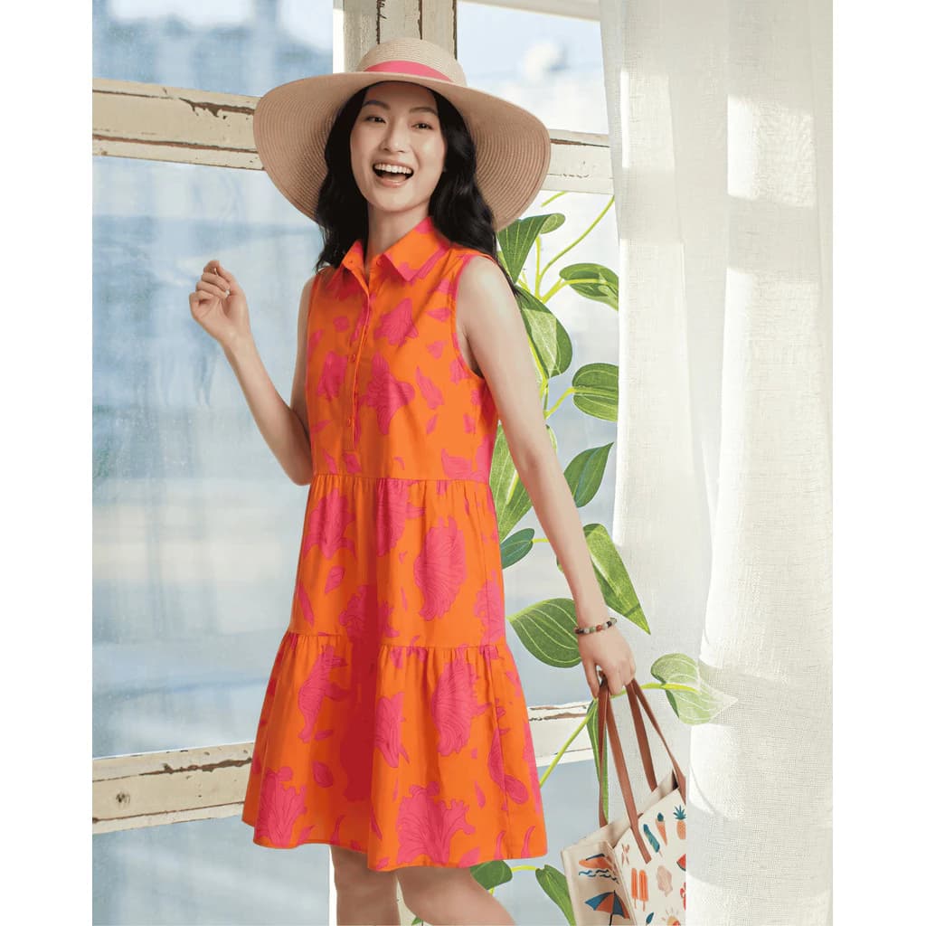 Đầm Không Tay Xếp Tầng Màu Cam In Họa Tiết Hoa Hồng Rực Rỡ  Phong Cách Boho Thoải Mái Ngày Hè