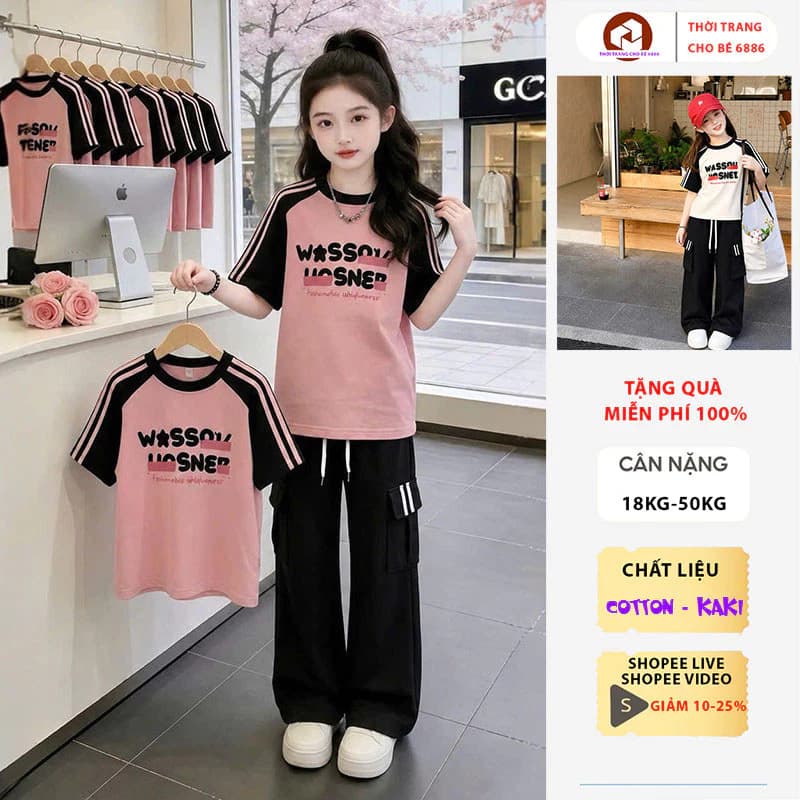 Bộ cộc tay bé gái, đồ bộ cho bé gái mùa hè, quần áo mùa hè cho bé gái mẫu SS size 18-50kg chất liệu cotton thoáng mát