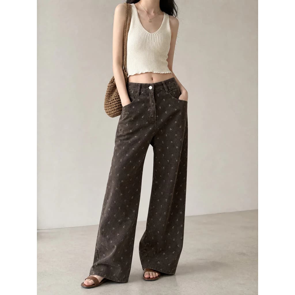 Quần jeans nữ ống rộng kiểu Hàn cổ điển cạp cao form rộng dáng suông cho người lê