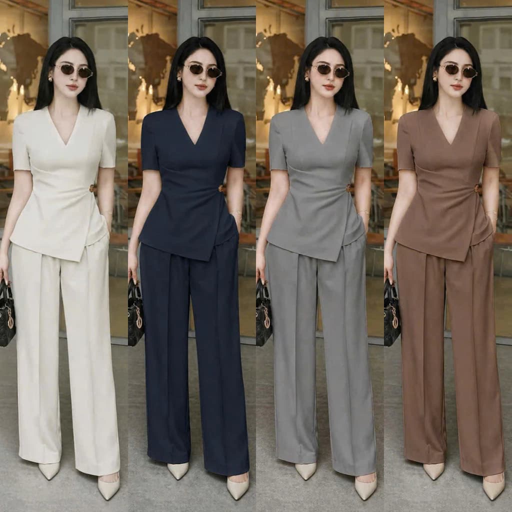 Set Bộ Nữ VEST Dài CÔNG SỞ Tay Ngắn CỔ TIM NHẤN EO Kèm Phụ Kiện THỜI TRANG SANG TRỌNG NY NA STORE
