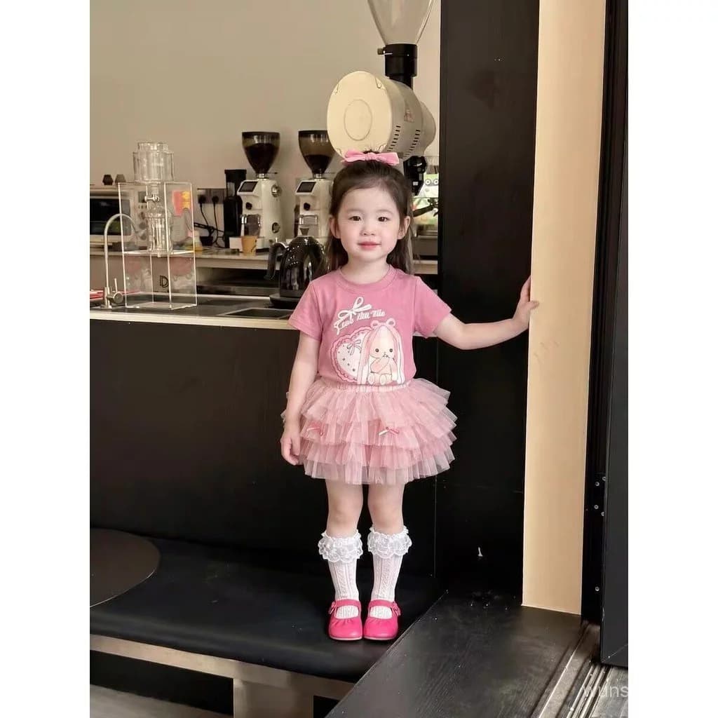 Giao nhanh TP.HCM!   Size 90-140 Bộ quần áo bé gái công chúa sang chảnh mùa hè áo thun tay ngắn màu hồng + chân váy bồng xòe 2 món dễ thương thời trang nhí phong cách Hàn Quốc như diện đầm công chúa  set đồ bé gái