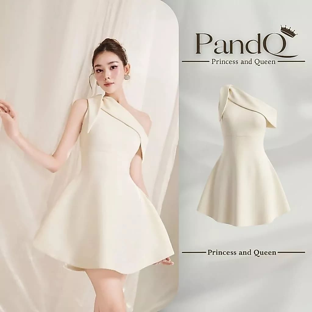 Váy lệch vai nữ P&Q dáng xòe công chúa thanh lịch sang chảnh dự tiệc cao cấp | vd0122