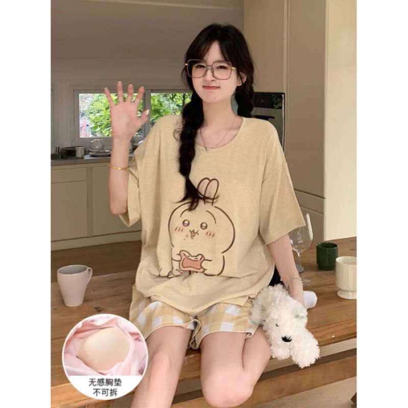 Bộ Đồ Ngủ Có Miếng Lót Ngực Nữ Mùa Hè Tay Ngắn Chui Đầu Dễ Thương Nữ Phiên Bản Hàn Quốc Loungewear Phù Hợp Với Đám Mây Cotton