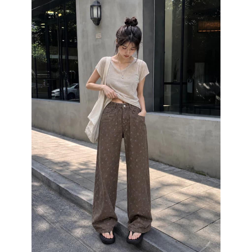 Quần jeans nữ ống rộng kiểu Hàn cổ điển cạp cao form rộng dáng suông cho người lê