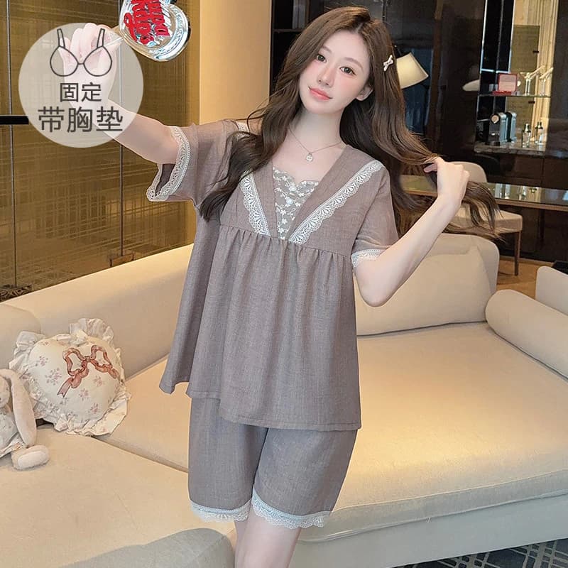 Bộ Đồ Ngủ Có Đệm Nữ Dệt Vải Lanh Plus Kích Thước Bộ Đồ Ngủ Mùa Hè Tay Ngắn Đồ Ngủ Người Phụ Nữ Ren Trơn Rời Mặc Nhà M-5XL