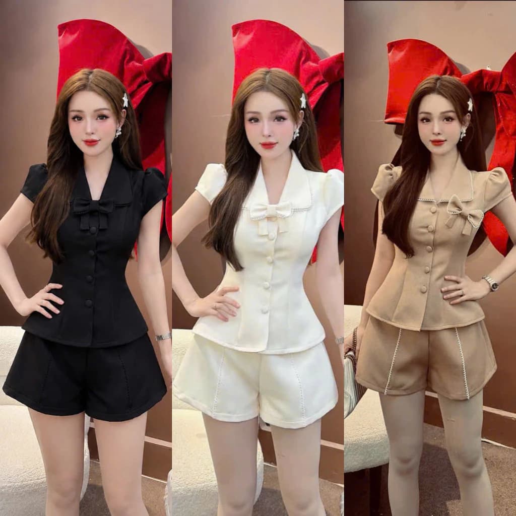 Set Bộ Nữ Ngắn COTTON Thiết Kế Thời Trang KÈM TAG NƠ RỜI Mới JANGMY2
