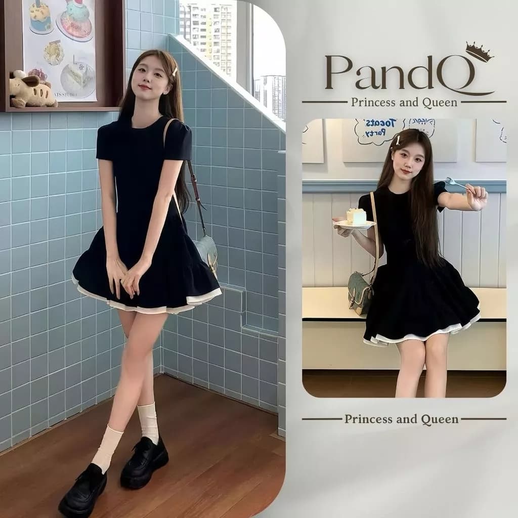 Váy xòe nữ P&Q màu đen phối lai trắng tay phồng cổ tròn dáng babydoll tiểu thư Hàn Quốc | vd0131