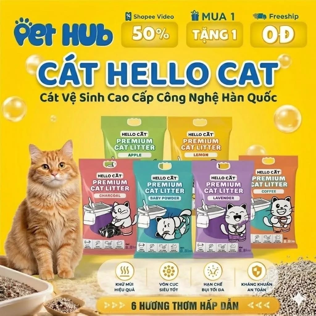 Cát Vệ Sinh Hello Cat Premium Litter, Cát Đất Sét Khử Mùi Tốt, Vón Cục Tối, Ít Bụi