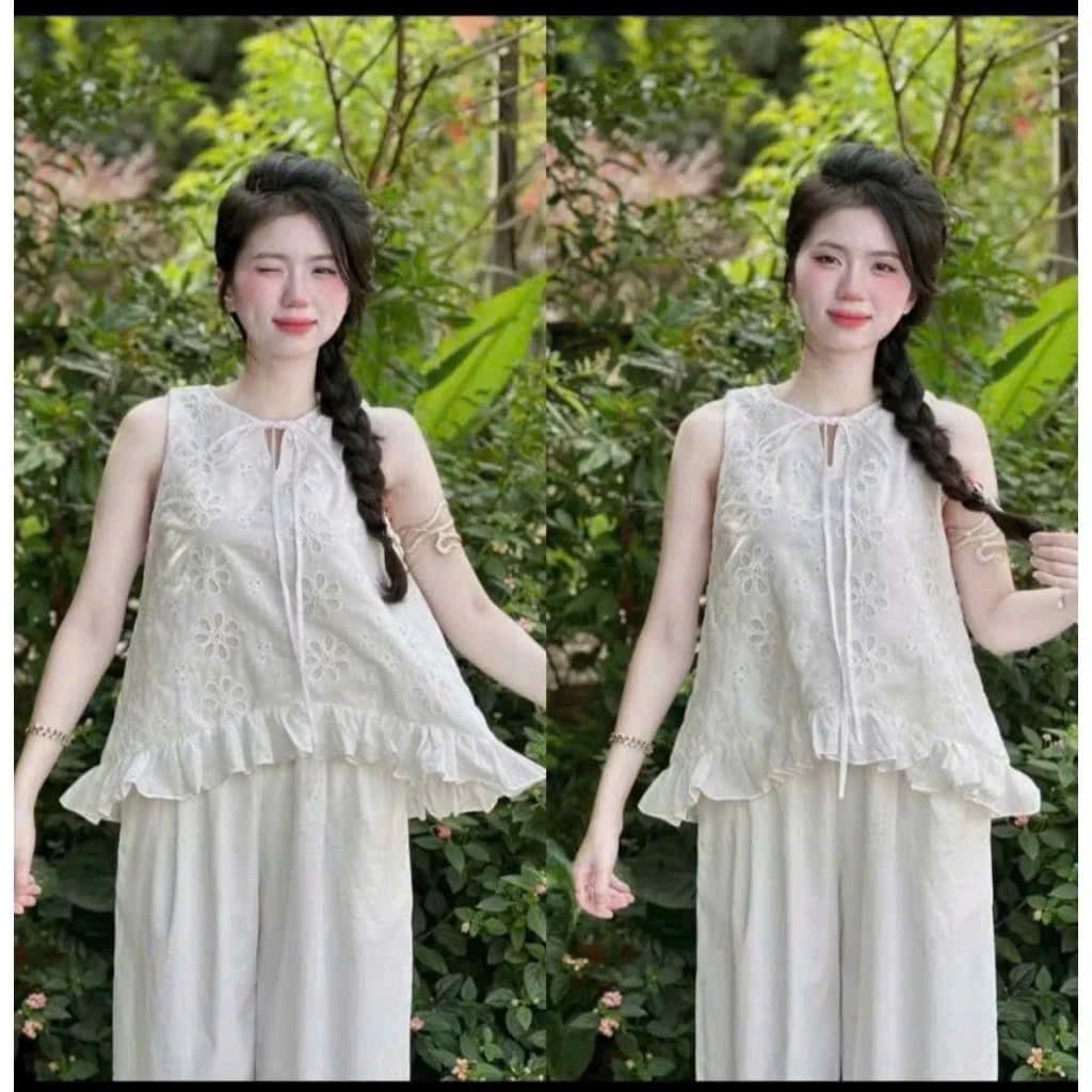 Set Bộ Nữ Thiết Kế Áo Thô Phối HOA Thêu Cột Nơ FREESIZE DƯỚI 55KG PHÙ HỢP THỜI TRANG LANO STORE